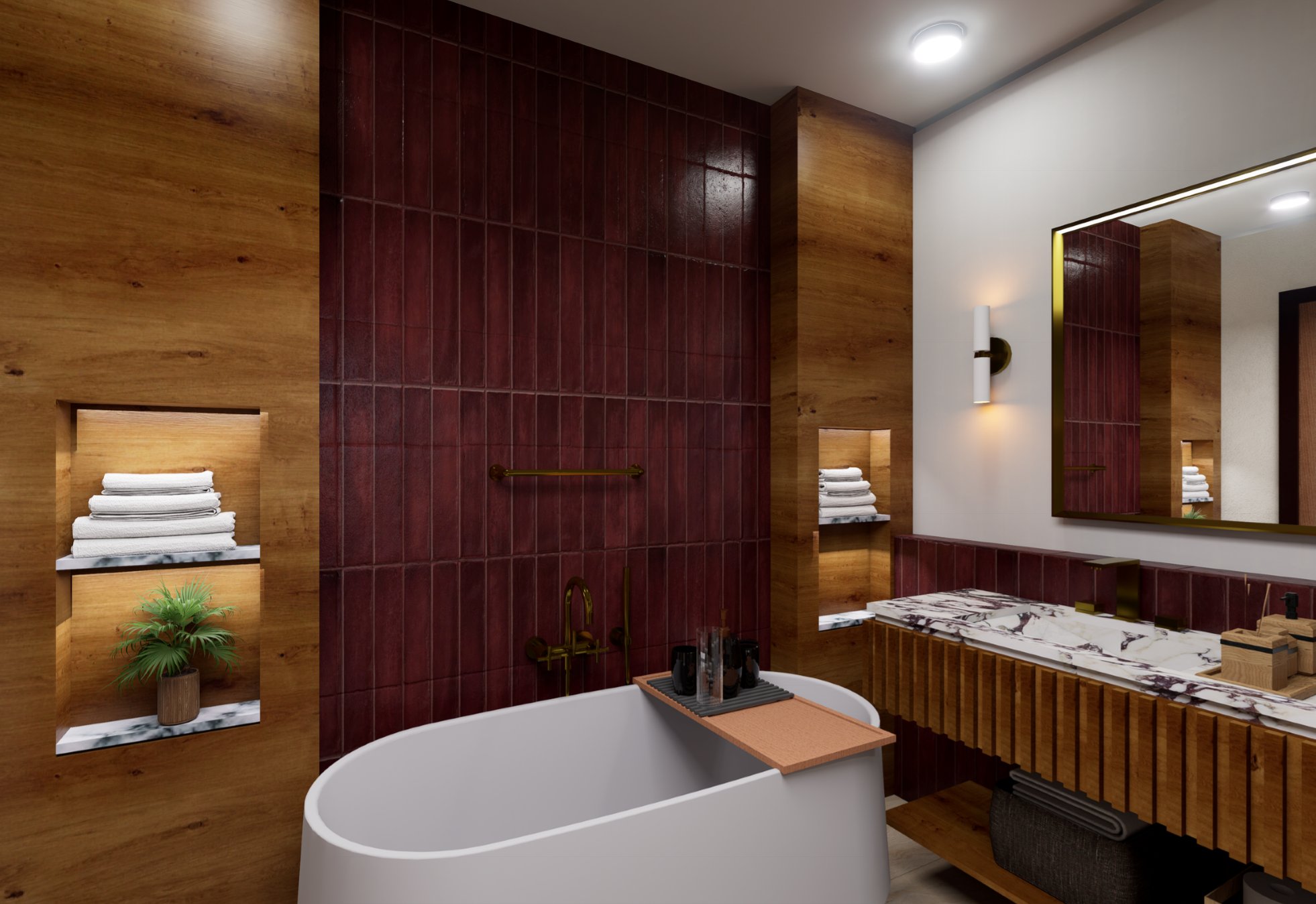 A rich bathroom in burgundy tile, warm wood and marble by BY SK DESIGN