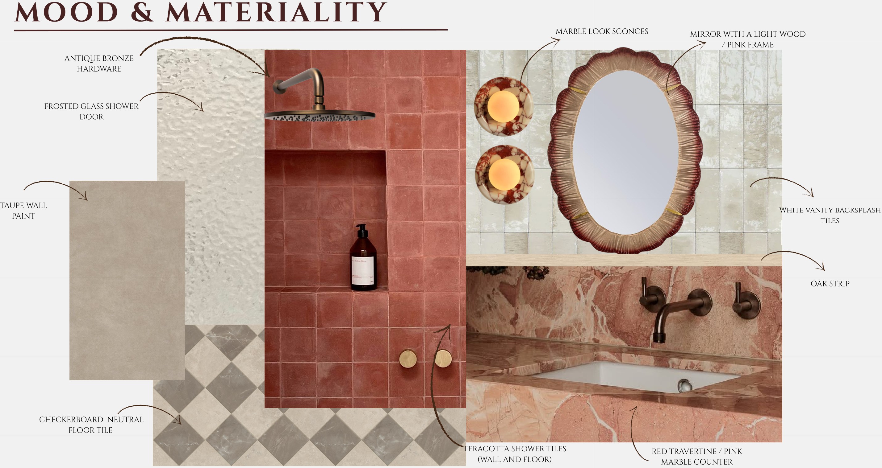 Mood and materiality board in terracotta and red marble