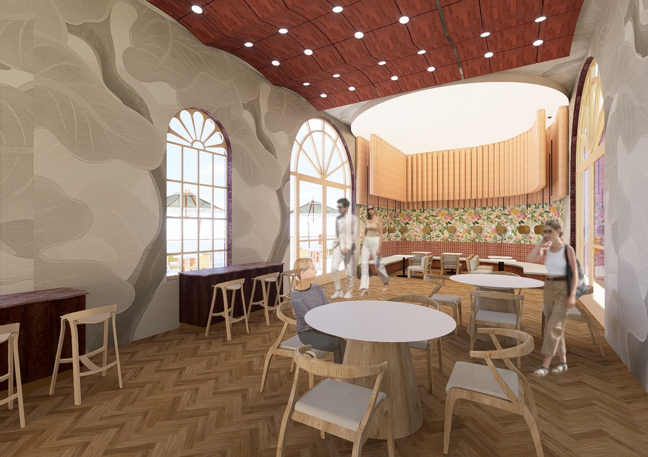 Sevns wellness café with floral wallpaper