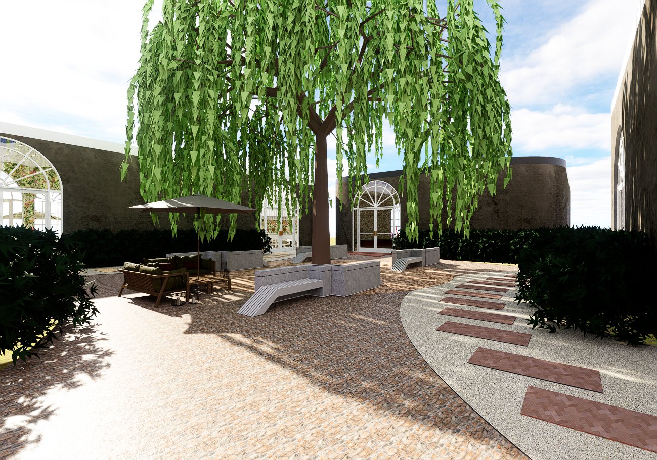 Sevns wellness courtyard with willow tree
